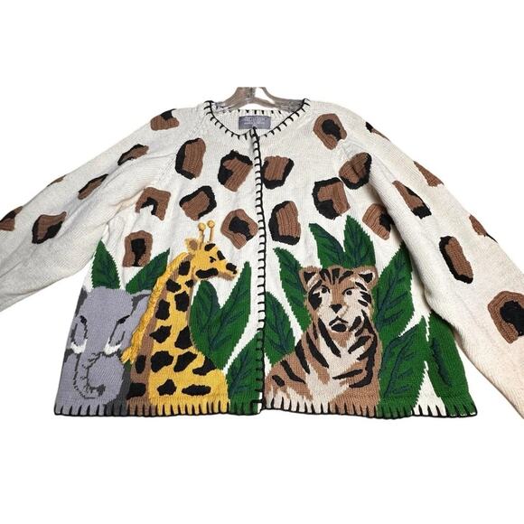 Vtg 90’s Marisa Christina Safari Animals Sweater Women XL Giraffe Zoo Elephant - Picture 1 of 16